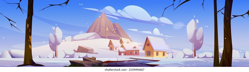 Winter landscape with mountain, houses and white snow. Vector cartoon illustration of village with cottages on foothills of sleeping volcano, road and bare trees