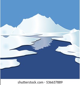 Winter Landscape with Mountain and Ice float on Ocean Icon Symbol Design. Vector illustration isolated on blue background. 