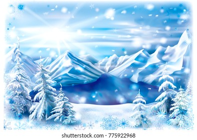 Winter landscape of a mountain lake with snow covered trees. Vector illustration