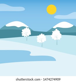 Winter landscape with mountain lake and trees