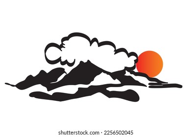 Paisaje invernal de montaña en medio del mar, sol lleno y nubes primero nieve. Ilustración vectorial del volcán en el mar y humo para ícono, símbolo, logotipo, emblema. Vector de viaje de invierno de silueta.