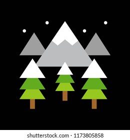 winter landscape, mountain, pine tree and snow falling, Merry Christmas filled icon set 