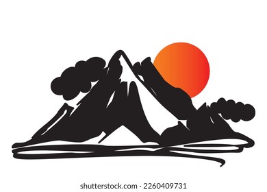 Winter landscape in mountain range landscape, sun and clouds in firs snow. Winter sports concept adventure isolated on white background. Vector illustration of winter travel icon.
