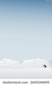 Winter landscape with mountain ranges and lonely country house covered by white snow have blue sky vertical background graphic illustration.