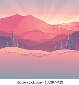 Winter landscape, mountain silhouette in red colour against the background of sunlight, created by imagination in the format of vector graphics.