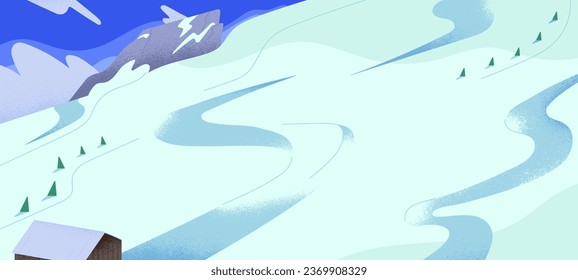 Winterlandschaft. Berg mit Skipiste, Gleis-, Spur- und Skateboardpiste. Schneeberge, Eisberge, schneebedeckter Hügel, alpiner Felsen. Nordresort für Extremsport. Panoramablick. Flache Vektorgrafik