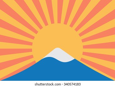 Winter landscape of mountain with snow like Mt-Fuji and sun rays of japan flag in background vintage pastel Color style. Vector illustration design. 