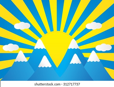 Winter Landscape of mountain with snow and sun rays in background. Vector illustration. 