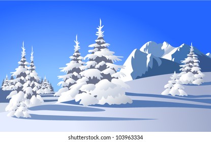 Winter landscape with mountain and trees
