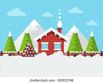 Winter Landscape with Mountains, Cottage, Pine Tree and Wood. Flat Design Style. 