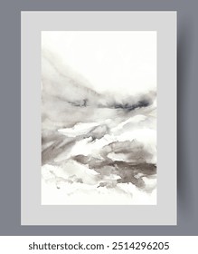 Winter landscape with mountains covered with snow in northern region, with cold snowy climate. Minimalist poster with winter nature of alps or Alaska, to decorate walls of house or apartment