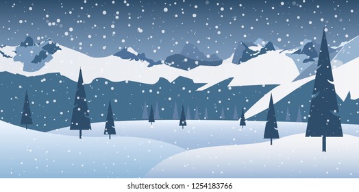 Winter landscape in the mountains with falling snow. Vector illustration. EPS10