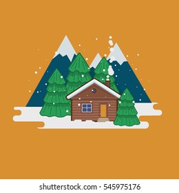 Winter landscape with mountains, firs and a house in flat style