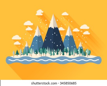 Paisaje invernal con montañas. Estilo de diseño plano.