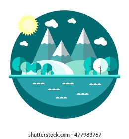 Winter landscape with mountains in the flat style. Mountains, hills, trees, meadow, 

clouds,waves, lake  
