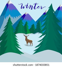 Winter landscape. Mountains forest deer. Winter inscription.