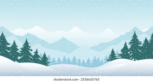 Winter landscape, mountains with forest in the fog, snowdrifts and snowfall, vector illustration