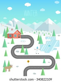 Winter landscape with mountains, forest and lake. Weekend in nature. House in the forest vector flat illustration.