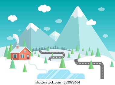 Winter landscape with mountains, forest and lake. House in the forest vector flat illustration