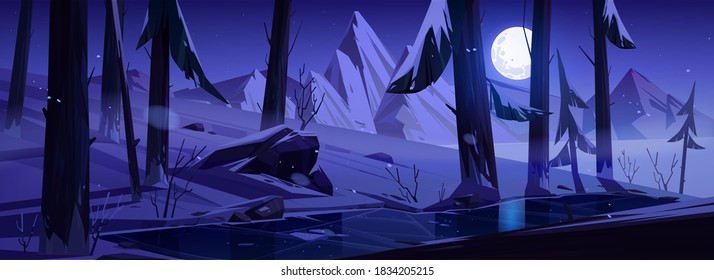 Winter landscape with mountains, forest and moon in sky at night. Vector cartoon illustration of snowy wood with pine trees, frozen stream and rocks on background