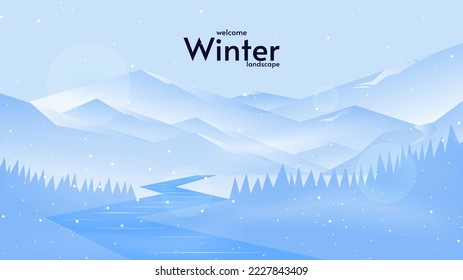 Paisaje invernal con montañas, bosque y río. Nevada. Blizzard. Ilustración vectorial, estilo plano. Diseño para fondo, fondo, tarjeta de felicitación.