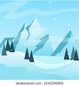 winter landscape with mountains, Forest snowscape scene nature icon vector illustration design, Winter Snowy Mountains Flat Landscape. Christmas Background
