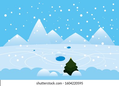 Winter landscape mountains frosen lake river ice. Pine tree snow footprints on ice. Vector illustration isolated cartoon flat style