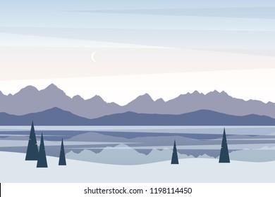 Winter landscape with mountains and frozen lake, trees on snow covered hill. Vector illustration in flat style for web page design or simple background