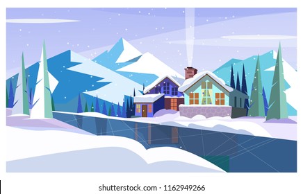Winter landscape with mountains, frozen river and cottages. Snowy country scene vector illustration. Winter country concept. For websites, wallpapers, posters or banners.