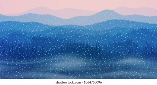 Winter landscape. Mountains and hills are covered with forest, it is snowing.
