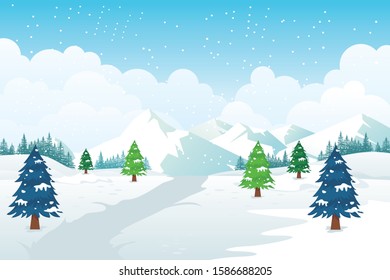 Winter landscape with Mountains and hills with pines and snowy scenery background. suitable for banner of winter sale, Christmas sale, boxing sale and other