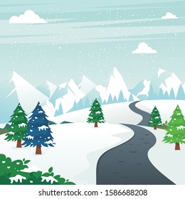 Winter landscape with Mountains and hills with pines and snowy scenery background. suitable for banner of winter sale, Christmas sale, boxing sale and other