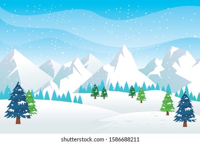 Winter landscape with Mountains and hills with pines and snowy scenery background. suitable for banner of winter sale, Christmas sale, boxing sale and other