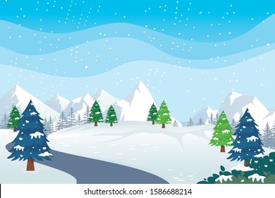 Winter landscape with Mountains and hills with pines and snowy scenery background. suitable for banner of winter sale, Christmas sale, boxing sale and other