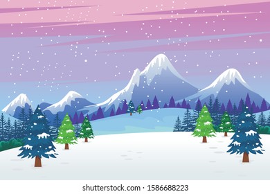 Winter landscape with Mountains and hills with pines and snowy scenery background. suitable for banner of winter sale, Christmas sale, boxing sale and other