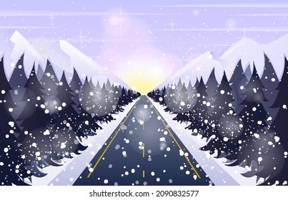 Winter landscape with Mountains and hills with pines and snowy scenery background. suitable for banner of winter sale, Christmas sale. Vector illustration of a colorful snowy Christmas landscape with 