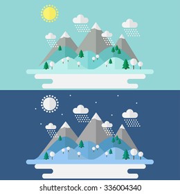 Winter landscape. Mountains, hills. river and trees on background. Day and night landscape. Flat style vector illustration. 