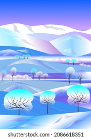 Winter landscape. Mountains, hills, snow-covered trees. Multi-colored snow. Blue, white, lilac, pink. Vertical. Vector illustration. 