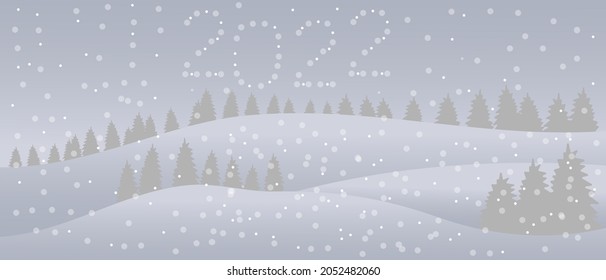 Winter landscape with mountains and hills, snowy fir trees like in a fairy tale about Christmas. Vector flat cartoon drawing for 2022 New Year greeting card.