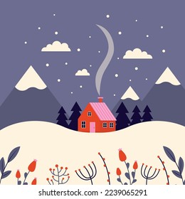 Winter landscape with mountains, house, snowflakes, botanical elements. Christmas vector illustration in flat style. 