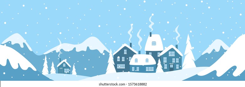 Winter Landscape with Mountains,  Houses, fir trees and Falling Snow. Happy New Year and Merry Christmas background. Vector illustration.