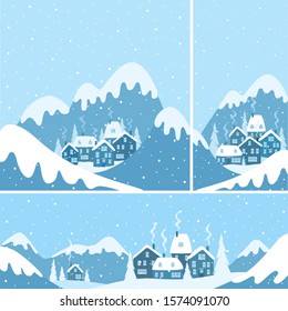 Winter Landscape with Mountains,  Houses, fir trees and Falling Snow. Set of vertical, horizontal and square banners. Happy New Year and Merry Christmas background. Vector illustration.