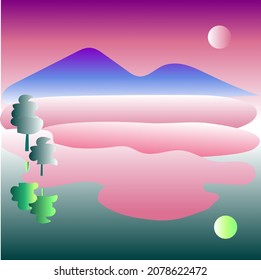 winter landscape with mountains and lake in purple and pink tones