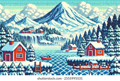 Winter landscape with mountains and a lake surrounded by pine trees, made in the style of pixel art. This background is perfect for game, creating an atmosphere of natural beauty and Christmas magic