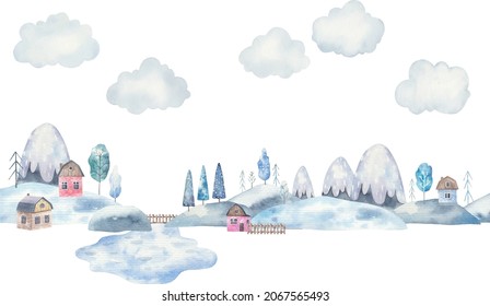 winter landscape, mountains, lake, trees, houses, children's illustration in watercolor on a white background, decor of a children's room, print