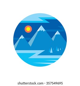 Winter landscape with mountains, lake, trees, sun and cloud - vector creative illustration in flat style design. Nature in blue color. Mountaineering concept art. 