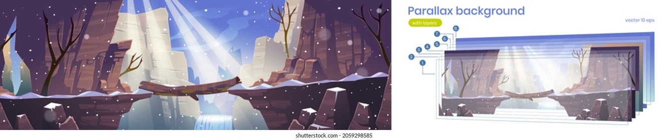 Winter landscape with mountains, log bridge above river, waterfall and bare trees. Vector parallax background with cartoon illustration of precipice between rock cliffs, water stream and snowfall