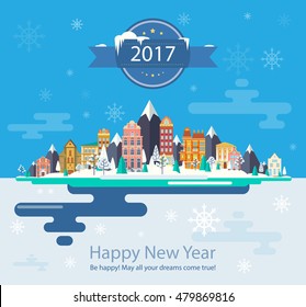 Winter landscape. Mountains, nature, buildings, city. Illustration. 
For calendar, website header, banner... Flat design.  Happy New Year and Merry Christmas. 2017. Vector