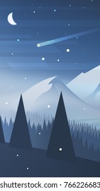Winter landscape with mountains at night. Vector illustration