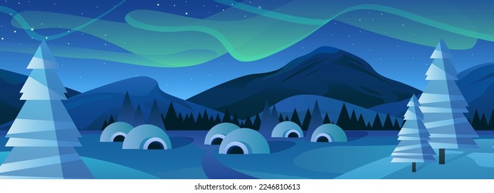 Winter landscape with mountains and Northern Lights vector illustration. Cartoon snowy scene with cute igloo cabins, pine trees and aurora in dark sky, simple nature scenery of North at night
